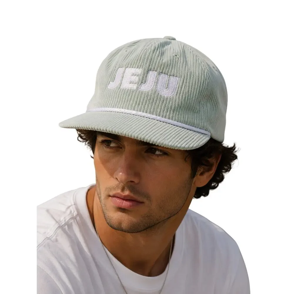 Vintage Y2K Corduroy “JEJU” Baseball Cap Mint Green Snapback Hat Casual Coastal